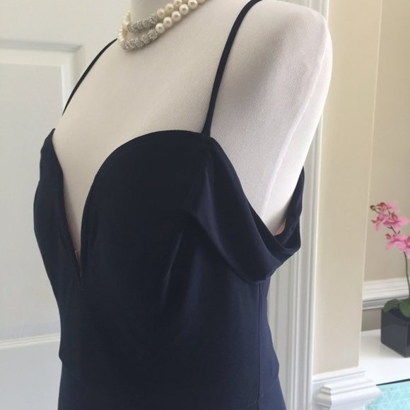 Dark Navy Off the Shoulder Side Slit Formal Dress - Picture 8 of 13